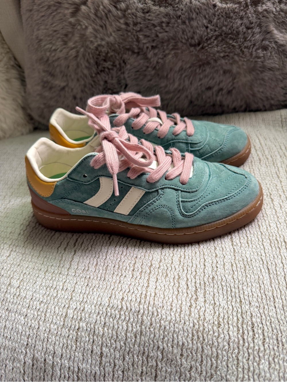 Green Suede Sneakers with Pink Laces and White Stripes